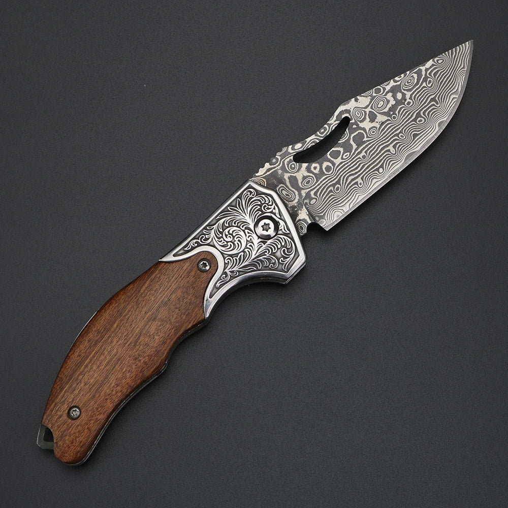 XUANTENG Damascus Laser Pattern Small Knife Hollow Handle Outdoor Knife Camping Hunting Knife Survival Knife - Action Outdoors Kiwi