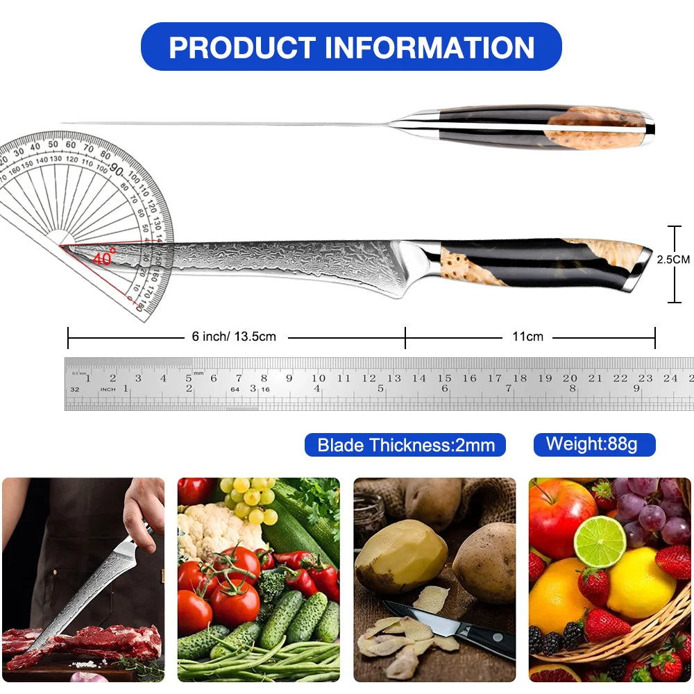 Chef Boning (Fillet) Knife 6 inch Best Damascus Japanese VG10 Steel 67 Layer Razor Sharp Utility Knife Awesome Edge Retention - Action Outdoors Kiwi