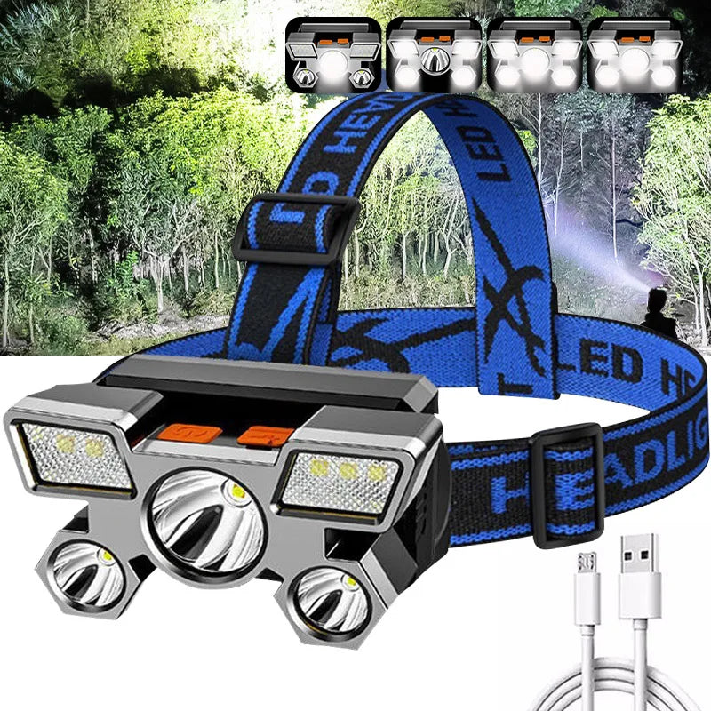 USB Rechargeable Headlamp Portable 5LED Headlight Built In Battery Torch Portable Working Light Fishing Camping Head Light For T - Action Outdoors Kiwi
