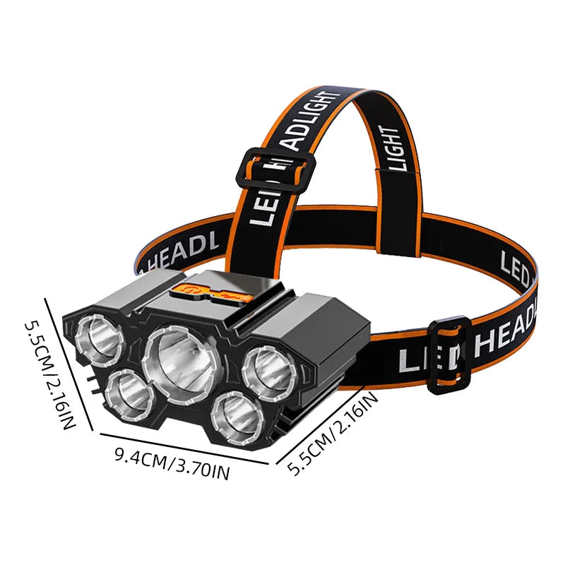 5 LED Headlamp Rechargeable with Built in 18650 Battery Strong Light Headlight Camping Adventure Fishing Head Light Flashlight - Action Outdoors Kiwi