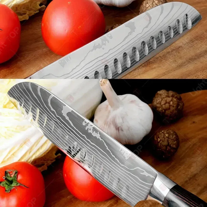Damascus Kitchen Knives with Titanium Cutting Board Japanese Santoku Cleaver Stainless Steel Boning Knife Portable Meat Chopping - Action Outdoors Kiwi