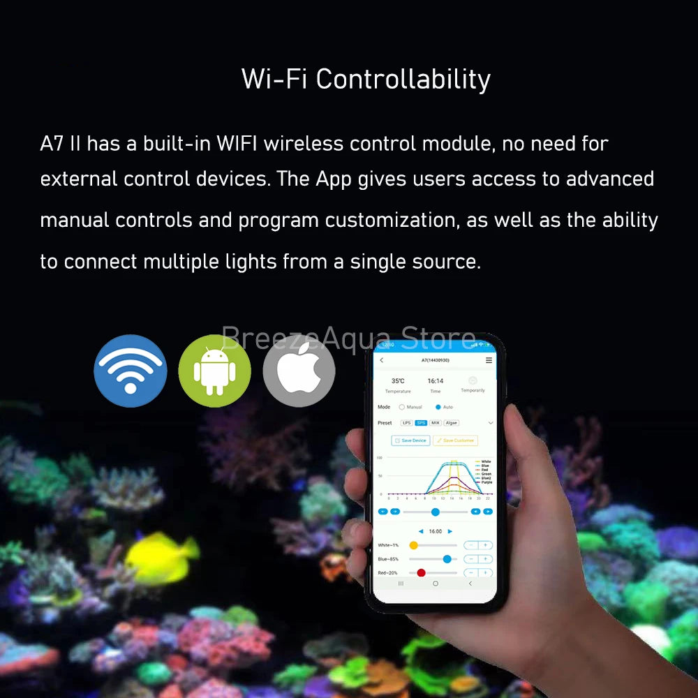 A7 II WiFi App Phone Control Full Spectrum 100W Saltwater Marine LED Aquarium Light for Coral Reef Fish Tank - Action Outdoors Kiwi