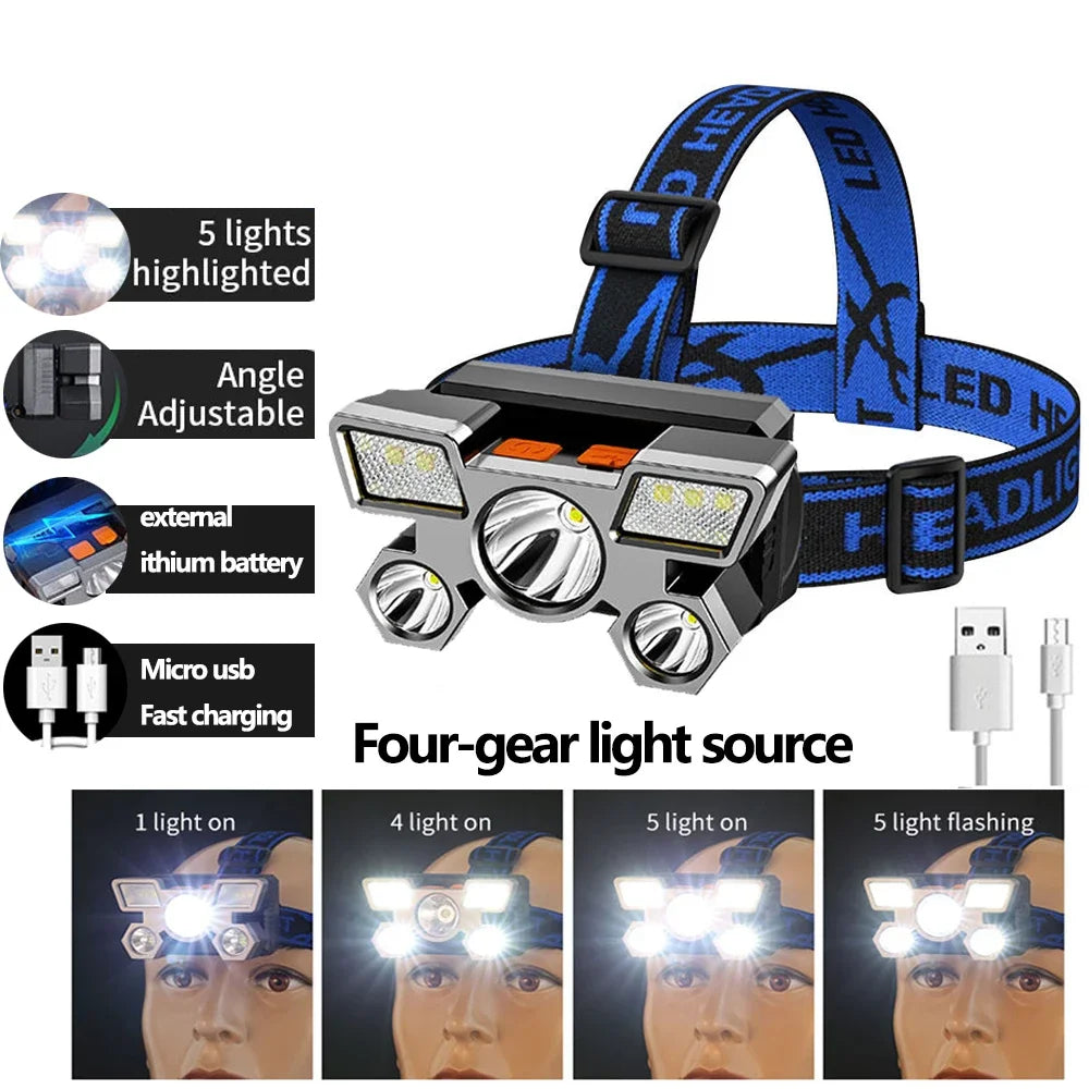Outdoor High brightness 5LED Headset flashlight Outdoor household portable USB rechargeable Fishing miner lamp Strong headlight - Action Outdoors Kiwi