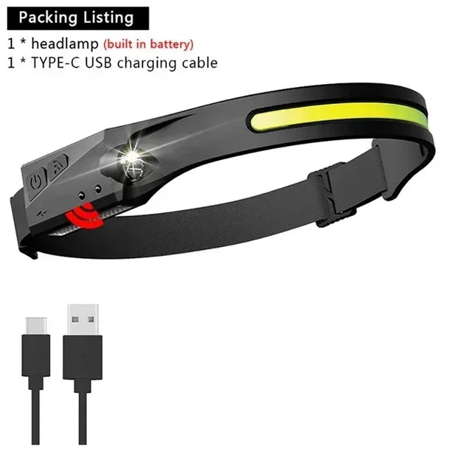 230°Bright Beam Headlamp LED Sensor Head lamp Built-in Battery USB Rechargeable Head Flashlight Outdoor Camping Fishing Headligh - Action Outdoors Kiwi