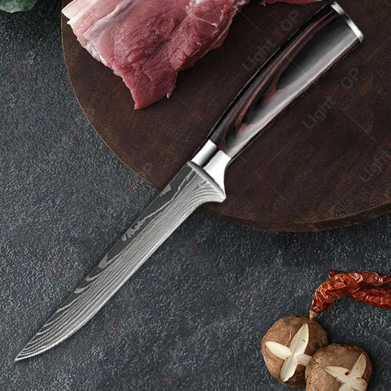 Damascus Kitchen Knives with Titanium Cutting Board Japanese Santoku Cleaver Stainless Steel Boning Knife Portable Meat Chopping - Action Outdoors Kiwi
