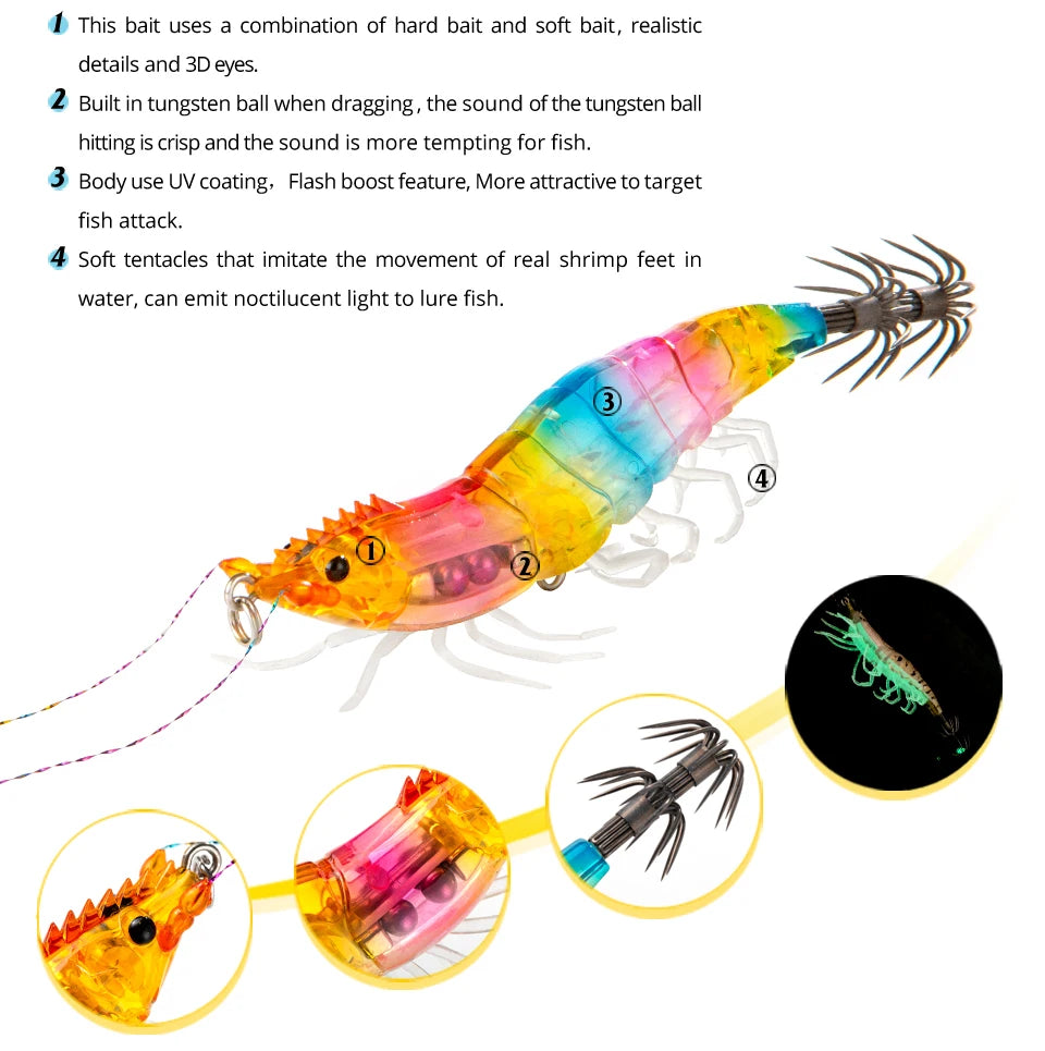 Luminous Squid Jig Hook Fishing Lures 8cm 15g Soft Foot Octopus Lure Wood Shrimp Cuttlefish Artificial Hard Bait For Sea Tools