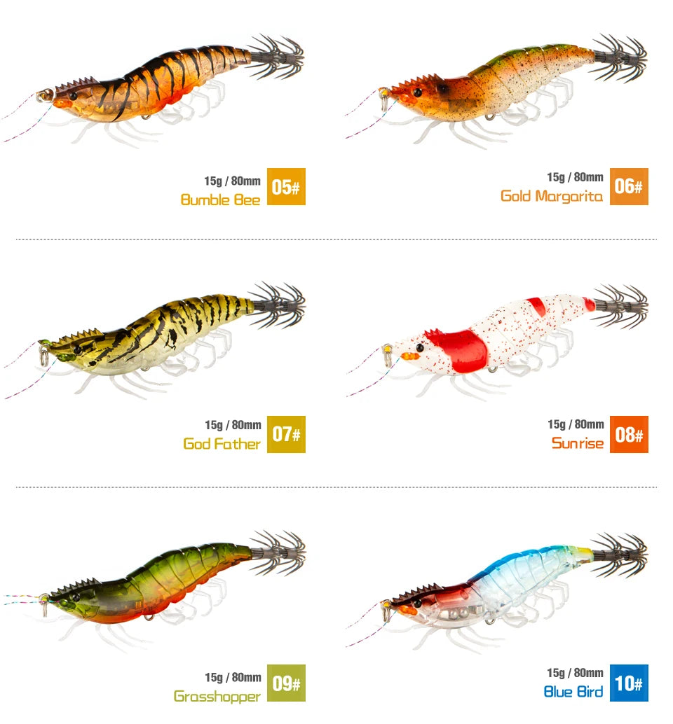Luminous Squid Jig Hook Fishing Lures 8cm 15g Soft Foot Octopus Lure Wood Shrimp Cuttlefish Artificial Hard Bait For Sea Tools