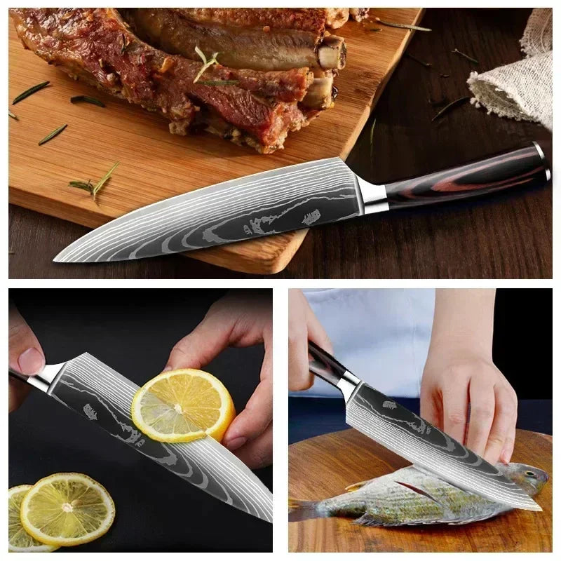Laser Damascus Kitchen Knife Cleaver Meat Fruit Bread Knife Barbecue Boning Knife Cut Chicken Convenient Scissors Kitchen Knives - Action Outdoors Kiwi