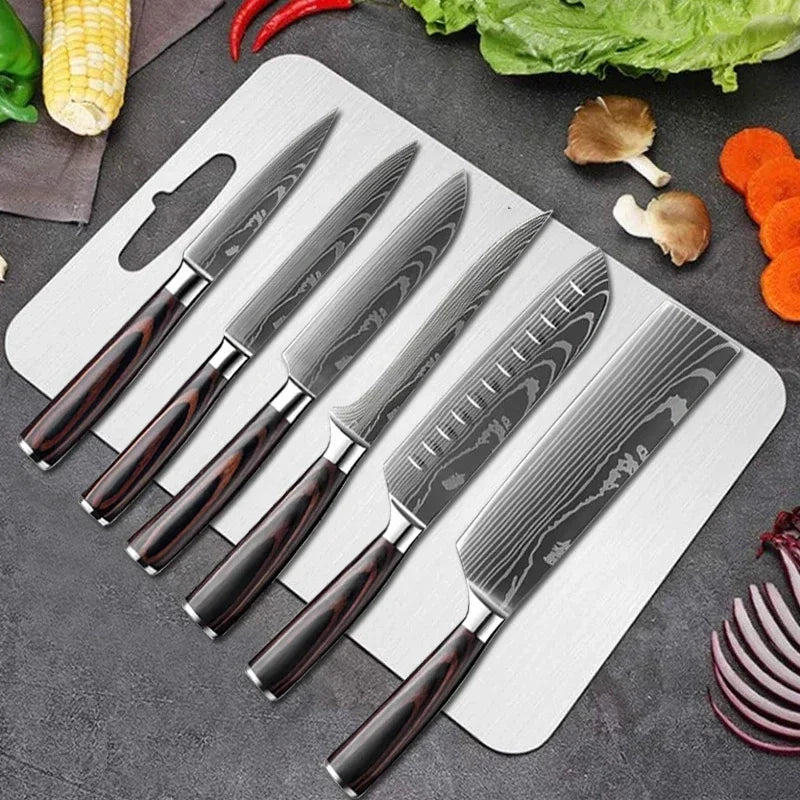 Damascus Kitchen Knives with Titanium Cutting Board Japanese Santoku Cleaver Stainless Steel Boning Knife Portable Meat Chopping - Action Outdoors Kiwi