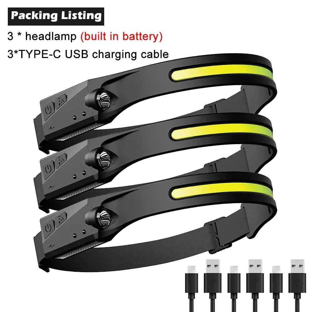 230°Bright Beam Headlamp LED Sensor Head lamp Built-in Battery USB Rechargeable Head Flashlight Outdoor Camping Fishing Headligh - Action Outdoors Kiwi