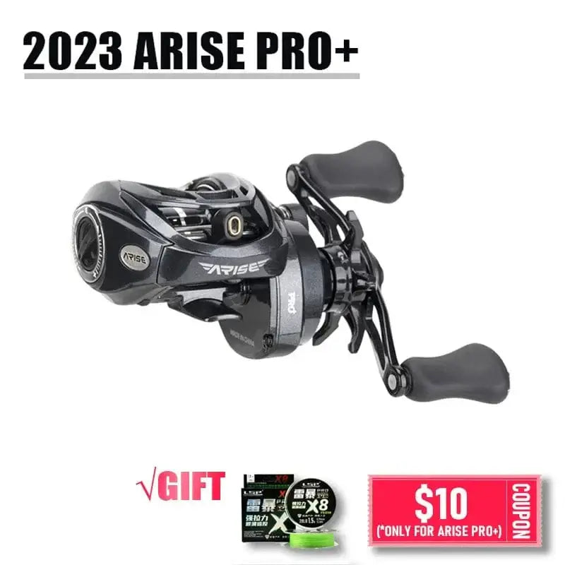 2023 ARISE PRO+ Baitcasting Fishing Reel with black finish and ergonomic handle, designed for optimal performance.