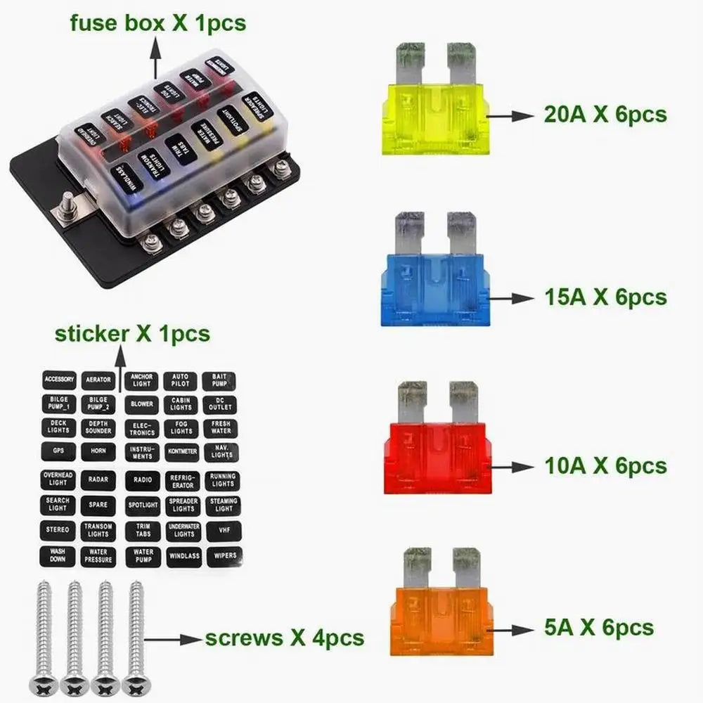 Universal 12Ways Car Blade Holder Fuse Box With LED Indicator Light 12V 32V Screw Binding Post Fuse For Car Boat Marine - Action Outdoors Kiwi