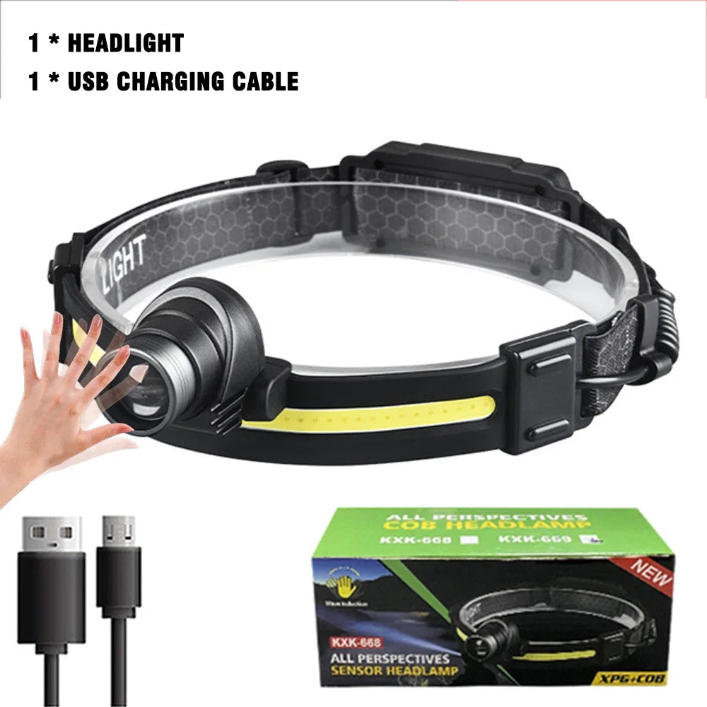 New Sensor Headlight Led Light Outdoor Strong Light Zoom Model Large Floodlight COB Head-mounted Fishing Light Running Headlamp - Action Outdoors Kiwi