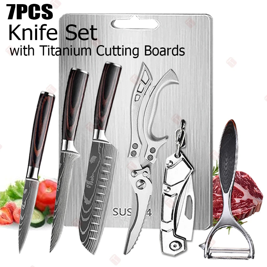 Damascus Kitchen Knives with Titanium Cutting Board Japanese Santoku Cleaver Stainless Steel Boning Knife Portable Meat Chopping - Action Outdoors Kiwi