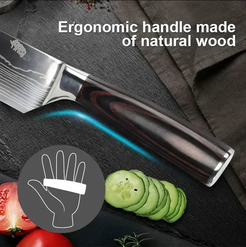 Laser Damascus Kitchen Knife Cleaver Meat Fruit Bread Knife Barbecue Boning Knife Cut Chicken Convenient Scissors Kitchen Knives - Action Outdoors Kiwi