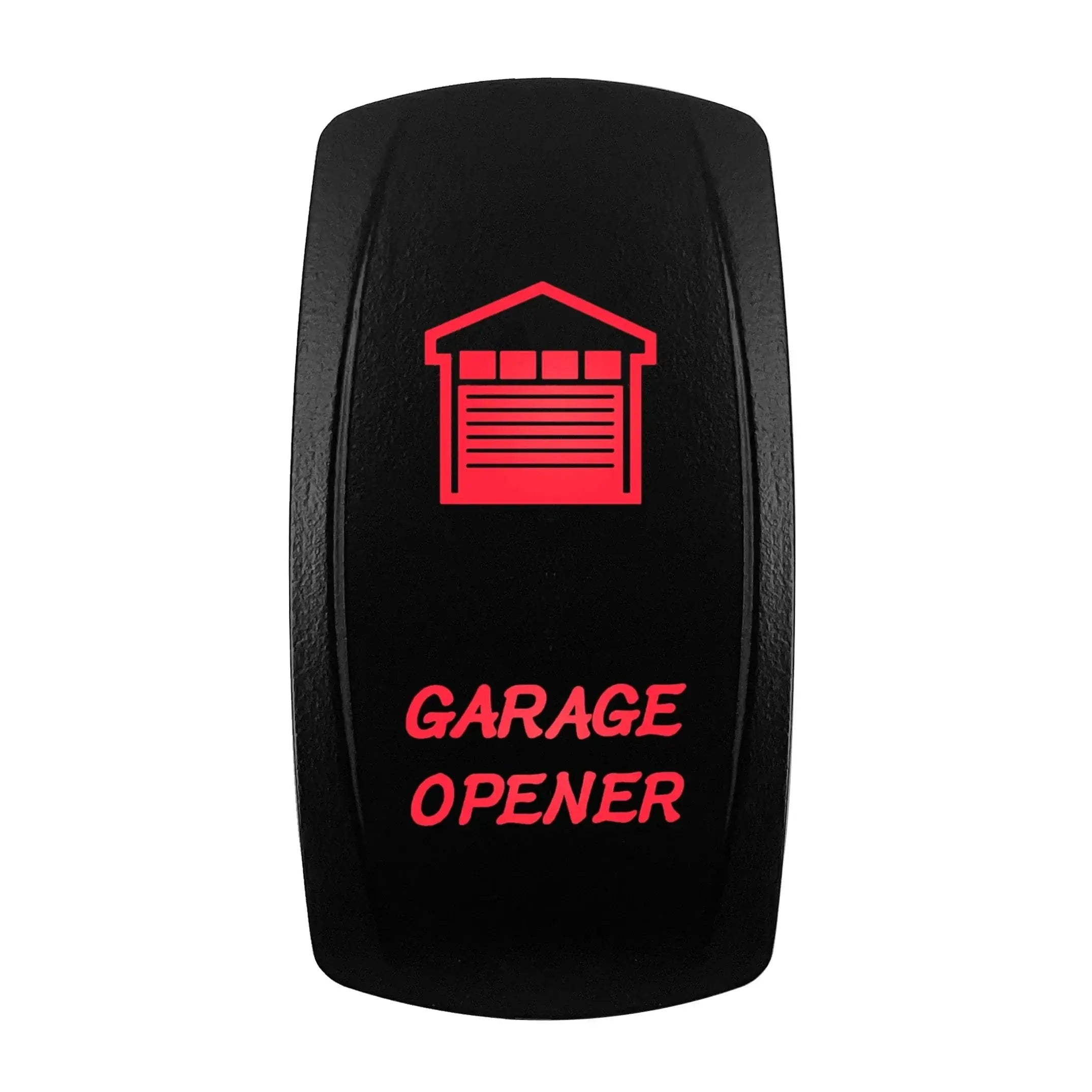 Red garage opener switch with a graphic of a garage door, ideal for remote control systems.