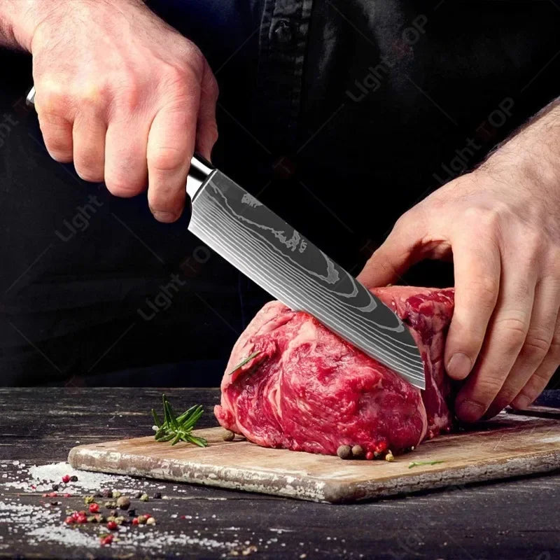 Laser Damascus Kitchen Knife Cleaver Meat Fruit Bread Knife Barbecue Boning Knife Cut Chicken Convenient Scissors Kitchen Knives - Action Outdoors Kiwi
