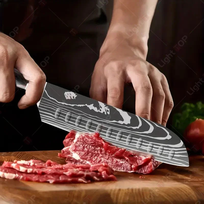 Damascus Kitchen Knives with Titanium Cutting Board Japanese Santoku Cleaver Stainless Steel Boning Knife Portable Meat Chopping - Action Outdoors Kiwi