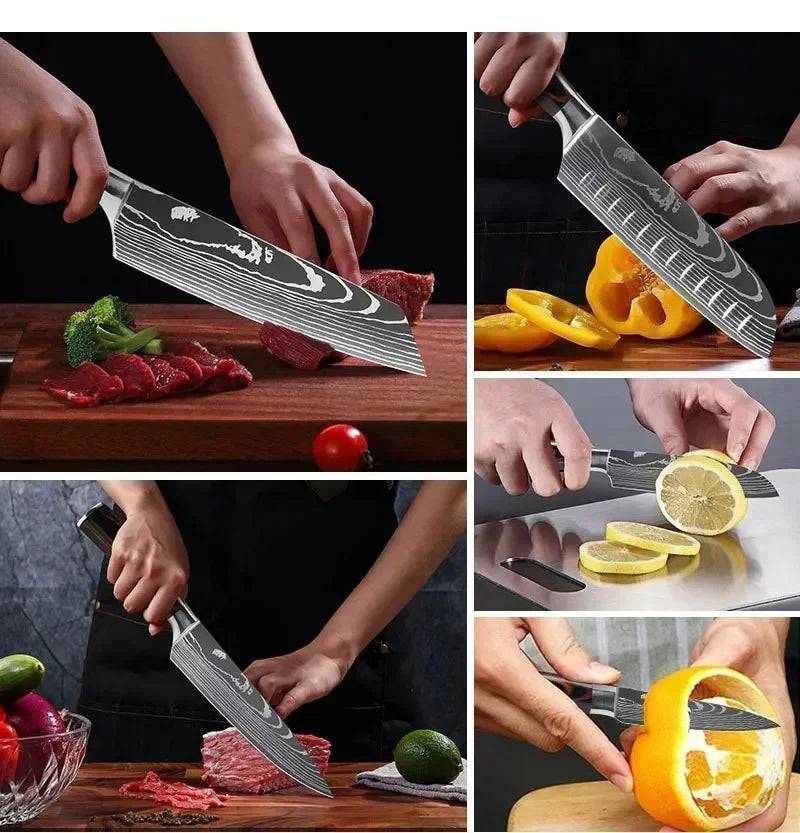 Laser Damascus Kitchen Knife Cleaver Meat Fruit Bread Knife Barbecue Boning Knife Cut Chicken Convenient Scissors Kitchen Knives - Action Outdoors Kiwi