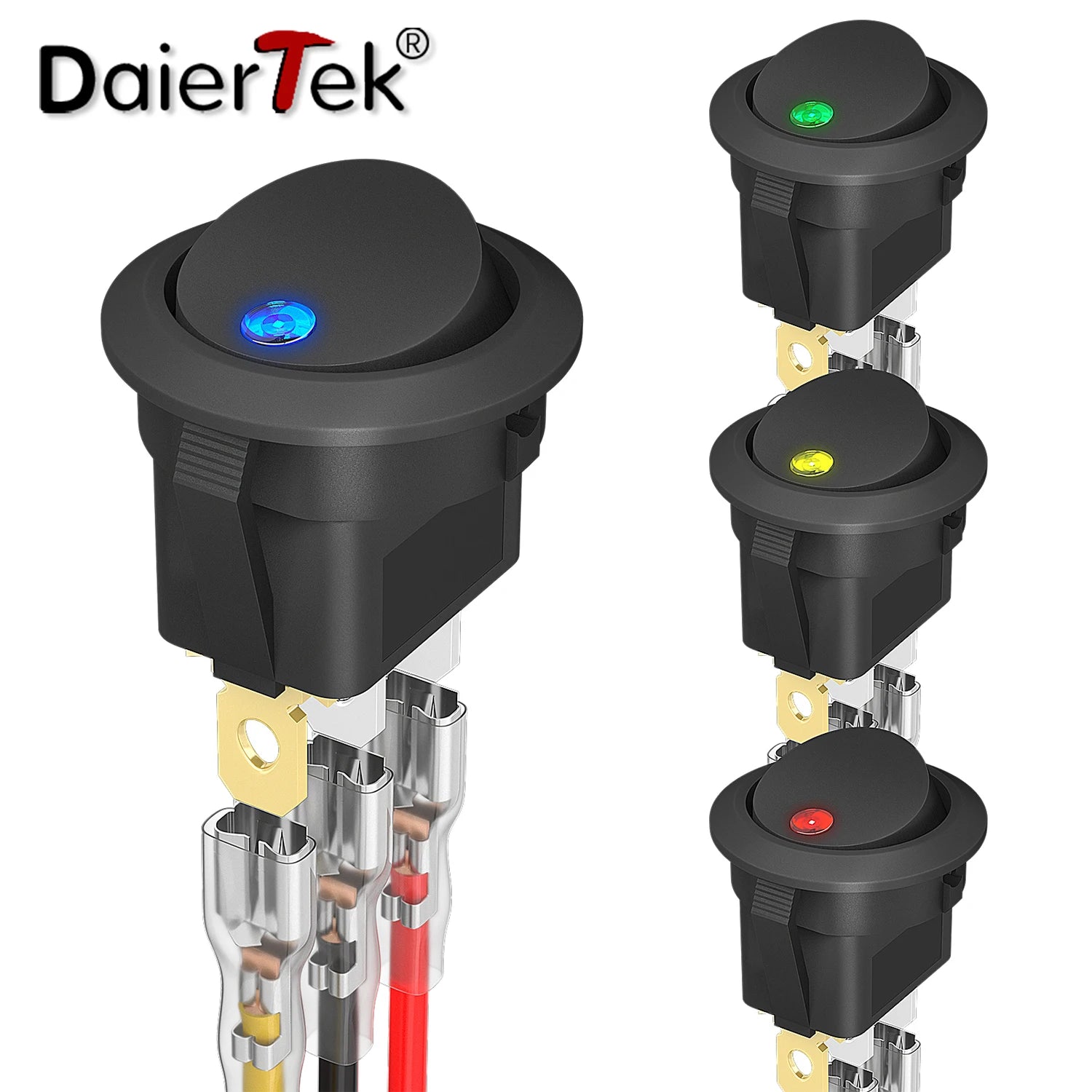 DaierTek 4PCS 12V 3 Pin Round Rocker ON/Off LED Light Toggle Switch SPST With Wires for Car Truck Marine Boat Car Accessories - Action Outdoors Kiwi