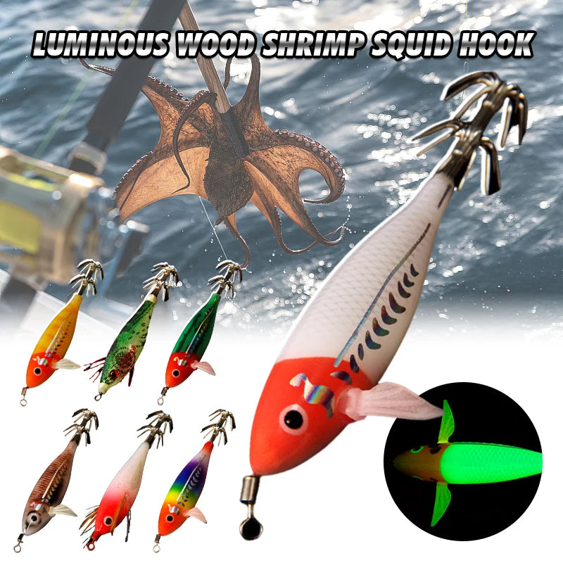 Luminous Squid Jig Artificial Bait Squid Fishing Lures Cuttlefish Webfoot Octopus Noctilucent Wood Shrimp Sea Fishing Lure