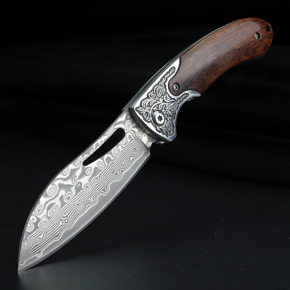 XUANTENG Damascus Laser Pattern Small Knife Hollow Handle Outdoor Knife Camping Hunting Knife Survival Knife - Action Outdoors Kiwi