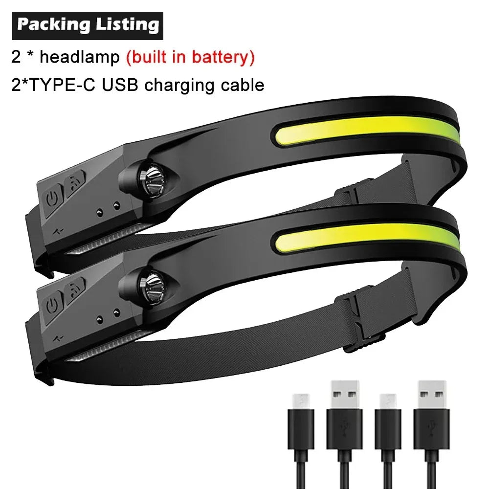 230°Bright Beam Headlamp LED Sensor Head lamp Built-in Battery USB Rechargeable Head Flashlight Outdoor Camping Fishing Headligh - Action Outdoors Kiwi