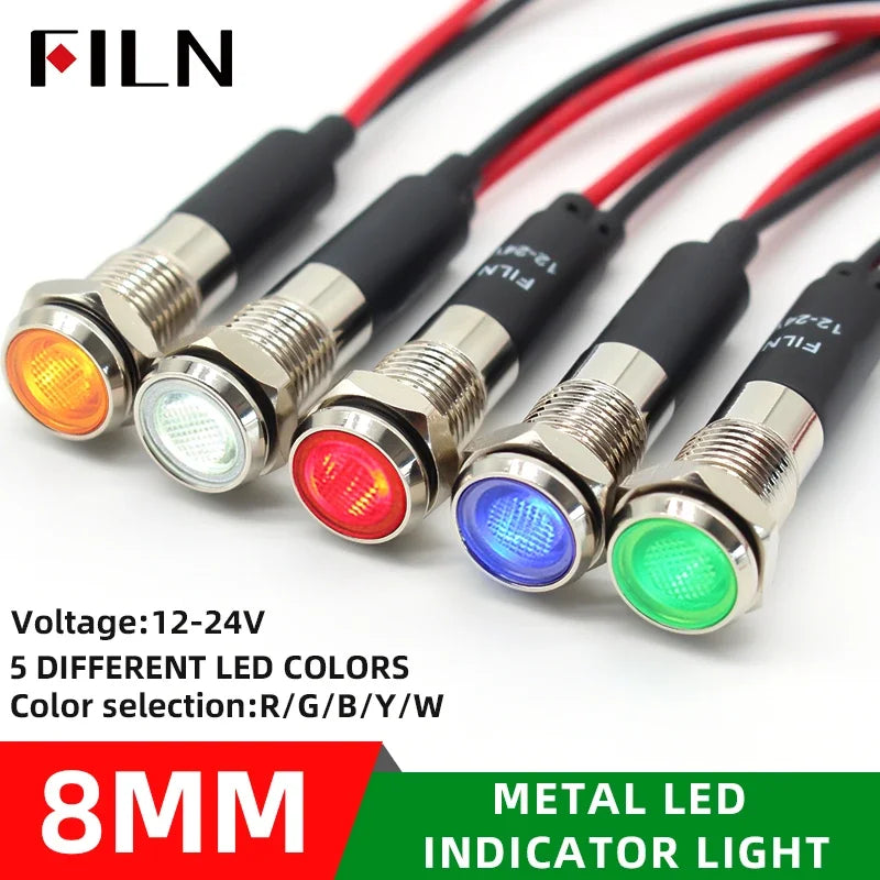 8mm 12V 24V 110V 220V Metal LED Pilot Panel Dash Signal Indicator Warning light 20cm cable Chrome Finish Car Boat Marine - Action Outdoors Kiwi