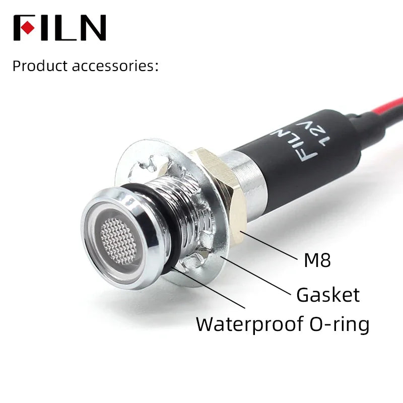 8mm 12V 24V 110V 220V Metal LED Pilot Panel Dash Signal Indicator Warning light 20cm cable Chrome Finish Car Boat Marine - Action Outdoors Kiwi