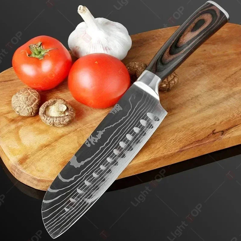 Damascus Kitchen Knives with Titanium Cutting Board Japanese Santoku Cleaver Stainless Steel Boning Knife Portable Meat Chopping - Action Outdoors Kiwi