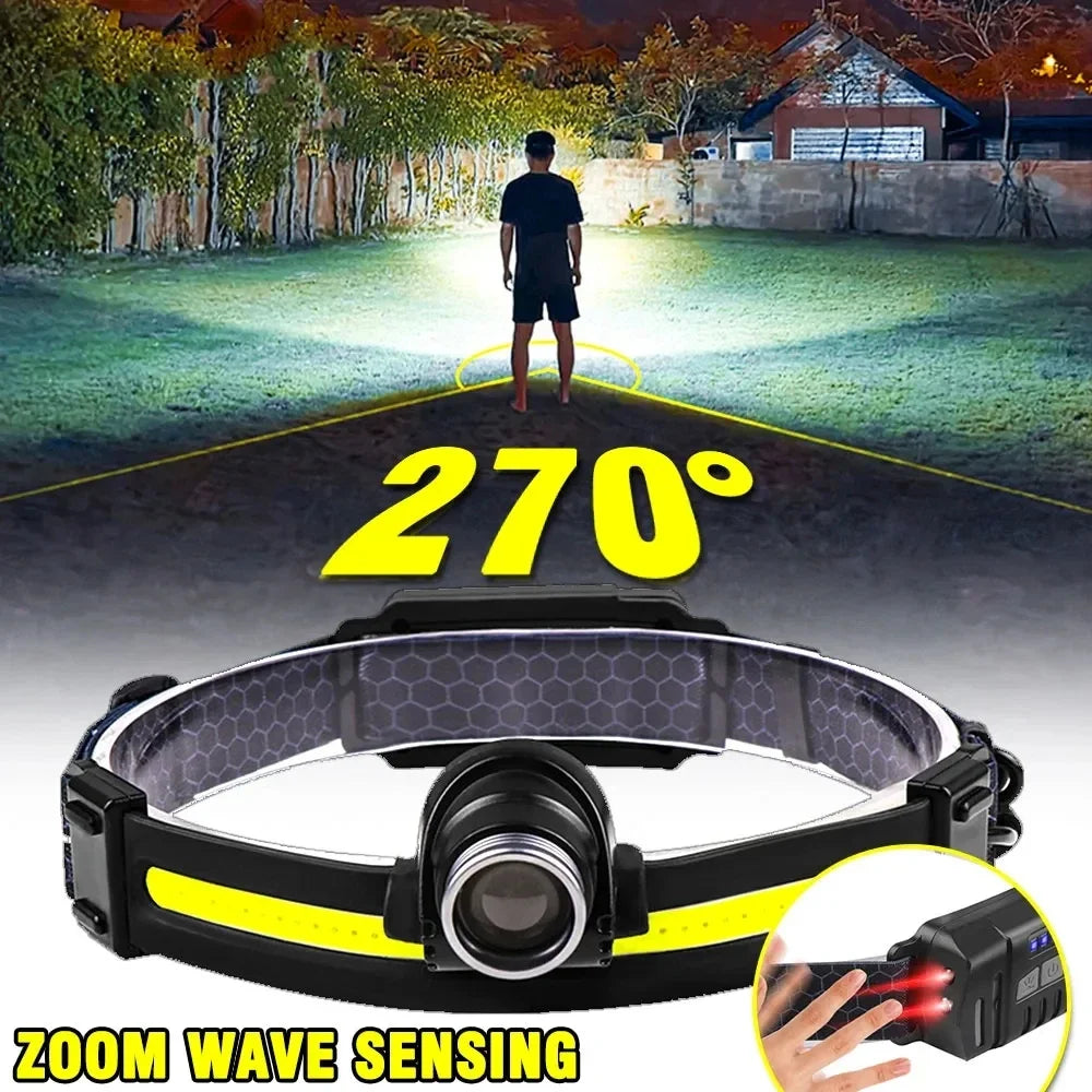 New Sensor Headlight Led Light Outdoor Strong Light Zoom Model Large Floodlight COB Head-mounted Fishing Light Running Headlamp - Action Outdoors Kiwi