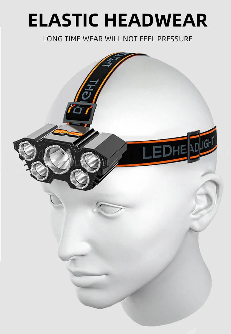 5 LED Headlamp Rechargeable with Built in 18650 Battery Strong Light Headlight Camping Adventure Fishing Head Light Flashlight - Action Outdoors Kiwi