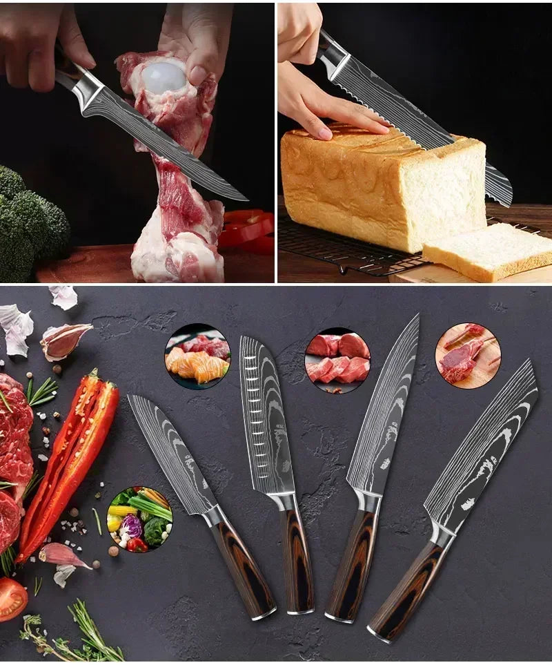 Laser Damascus Kitchen Knife Cleaver Meat Fruit Bread Knife Barbecue Boning Knife Cut Chicken Convenient Scissors Kitchen Knives - Action Outdoors Kiwi