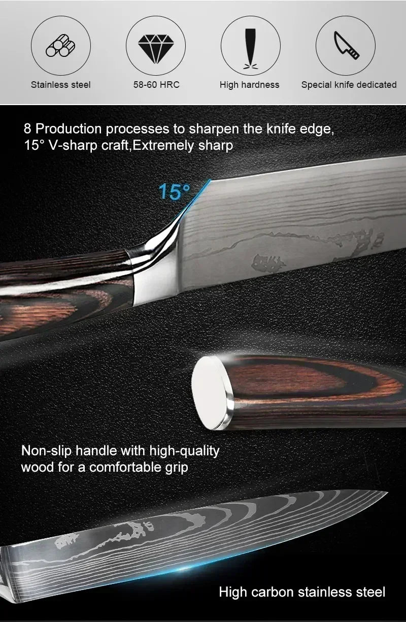 Laser Damascus Kitchen Knife Cleaver Meat Fruit Bread Knife Barbecue Boning Knife Cut Chicken Convenient Scissors Kitchen Knives - Action Outdoors Kiwi