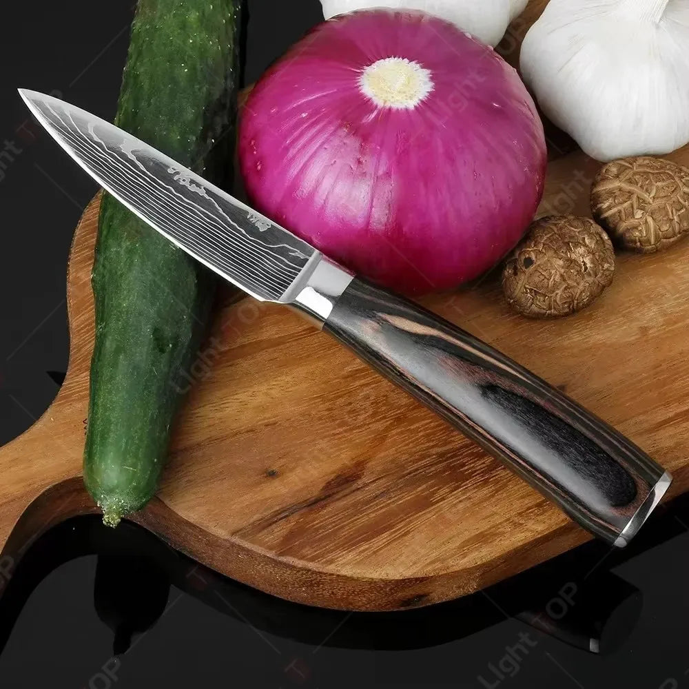 Damascus Kitchen Knives with Titanium Cutting Board Japanese Santoku Cleaver Stainless Steel Boning Knife Portable Meat Chopping - Action Outdoors Kiwi