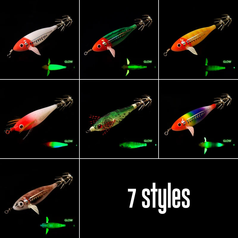 Luminous Squid Jig Artificial Bait Squid Fishing Lures Cuttlefish Webfoot Octopus Noctilucent Wood Shrimp Sea Fishing Lure