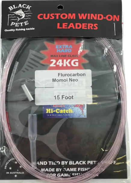 Wind On Leader Neo Fluorocarbon 15 Foot fishing tackle package showcasing premium fluorocarbon leader for game fishing.