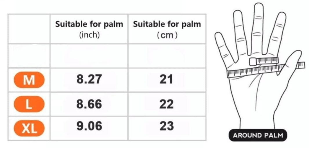 Sizing guide for Hugo Silva Heavy Tackle Gloves Large to XX Large with palm measurements in inches and centimeters.