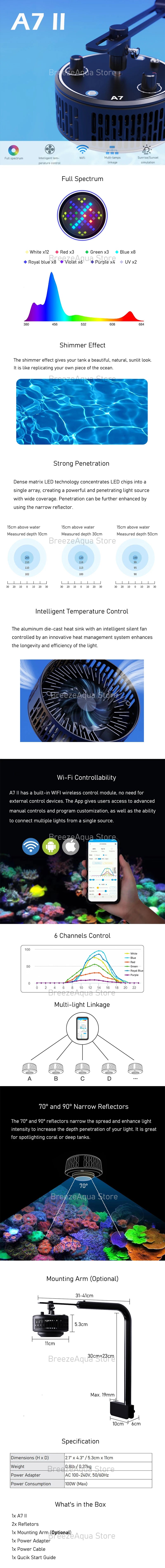 A7 II WiFi App Phone Control Full Spectrum 100W Saltwater Marine LED Aquarium Light for Coral Reef Fish Tank - Action Outdoors Kiwi