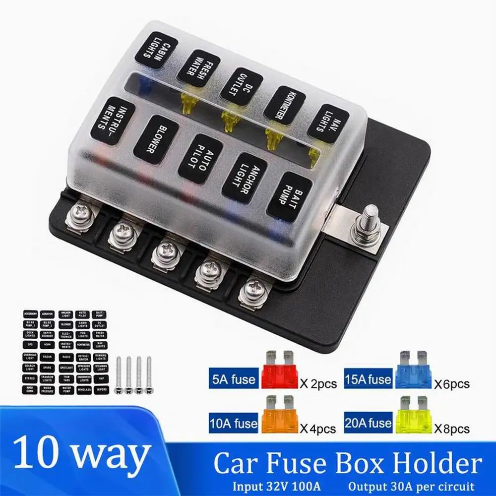 Universal 12Ways Car Blade Holder Fuse Box With LED Indicator Light 12V 32V Screw Binding Post Fuse For Car Boat Marine - Action Outdoors Kiwi
