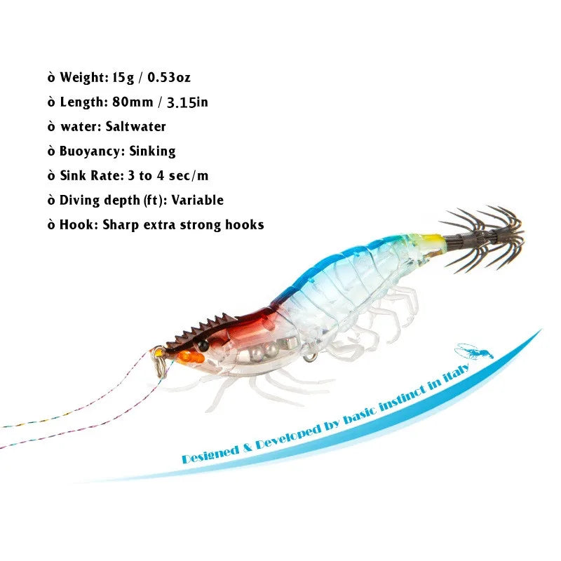 Luminous Squid Jig Hook Fishing Lures 8cm 15g Soft Foot Octopus Lure Wood Shrimp Cuttlefish Artificial Hard Bait For Sea Tools