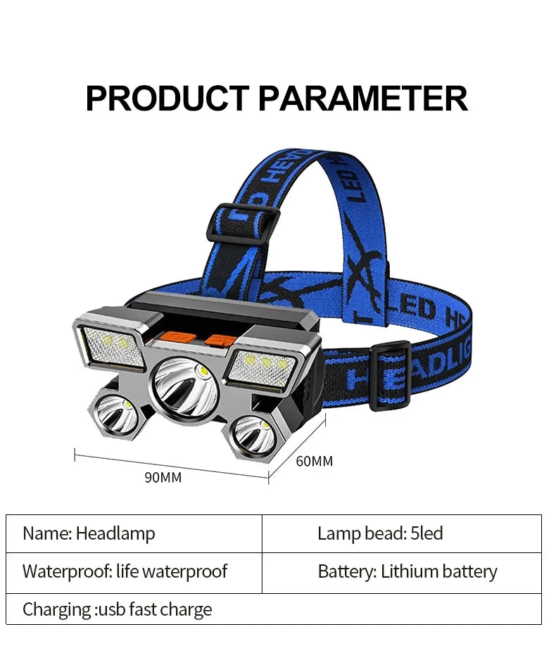 USB Rechargeable Headlamp Portable 5LED Headlight Built In Battery Torch Portable Working Light Fishing Camping Head Light For T - Action Outdoors Kiwi