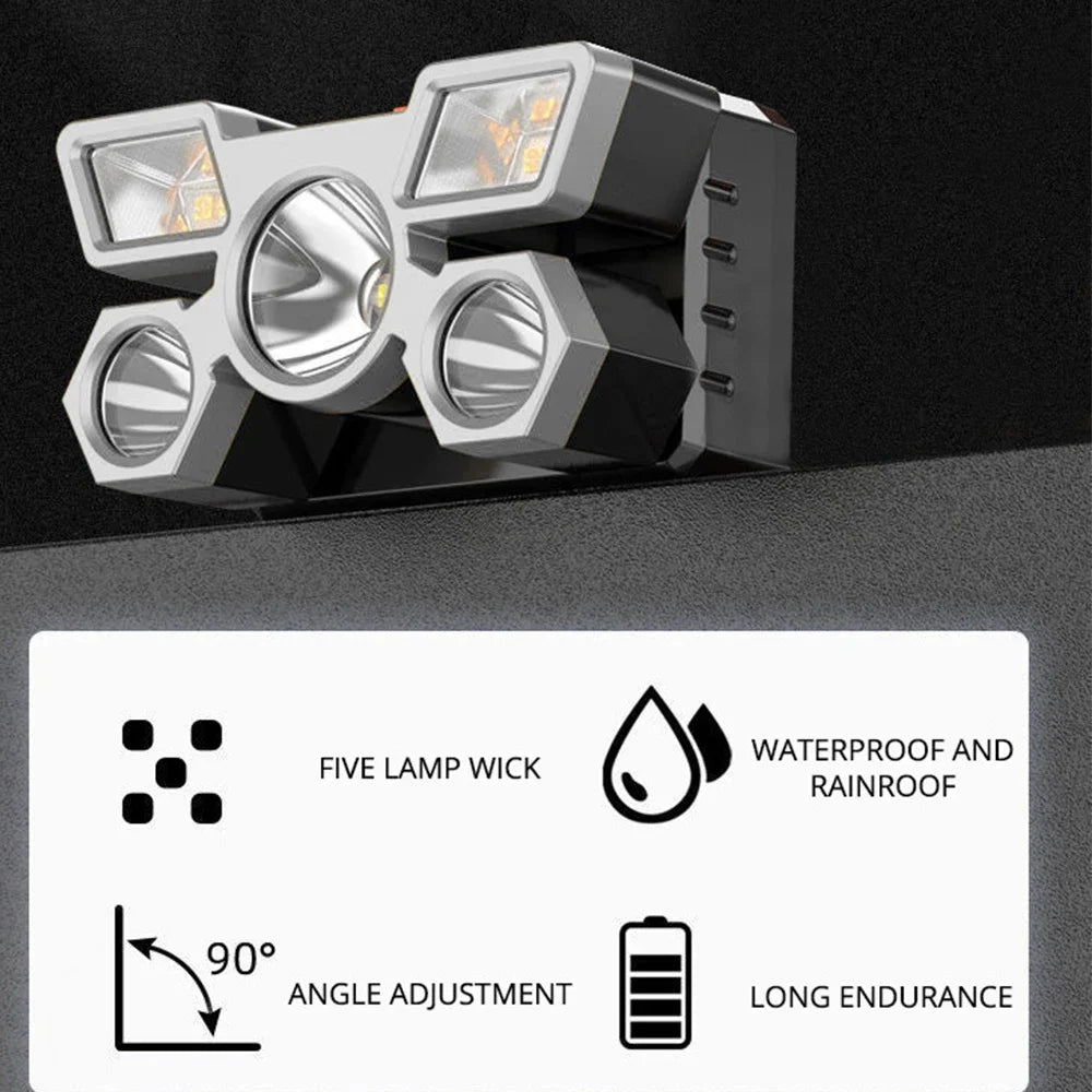 Outdoor High brightness 5LED Headset flashlight Outdoor household portable USB rechargeable Fishing miner lamp Strong headlight - Action Outdoors Kiwi