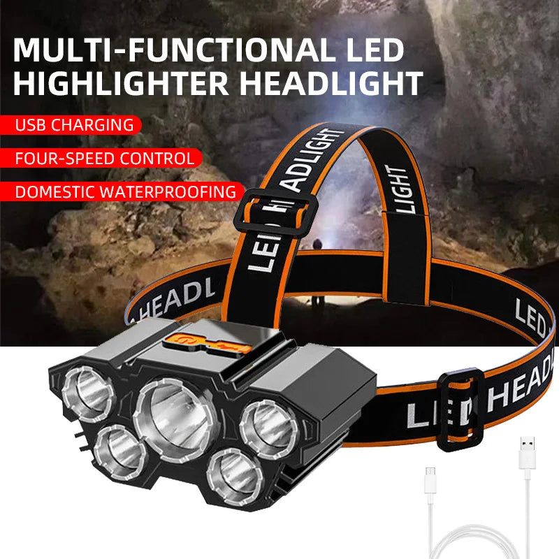 5 LED Headlamp Rechargeable with Built in 18650 Battery Strong Light Headlight Camping Adventure Fishing Head Light Flashlight - Action Outdoors Kiwi