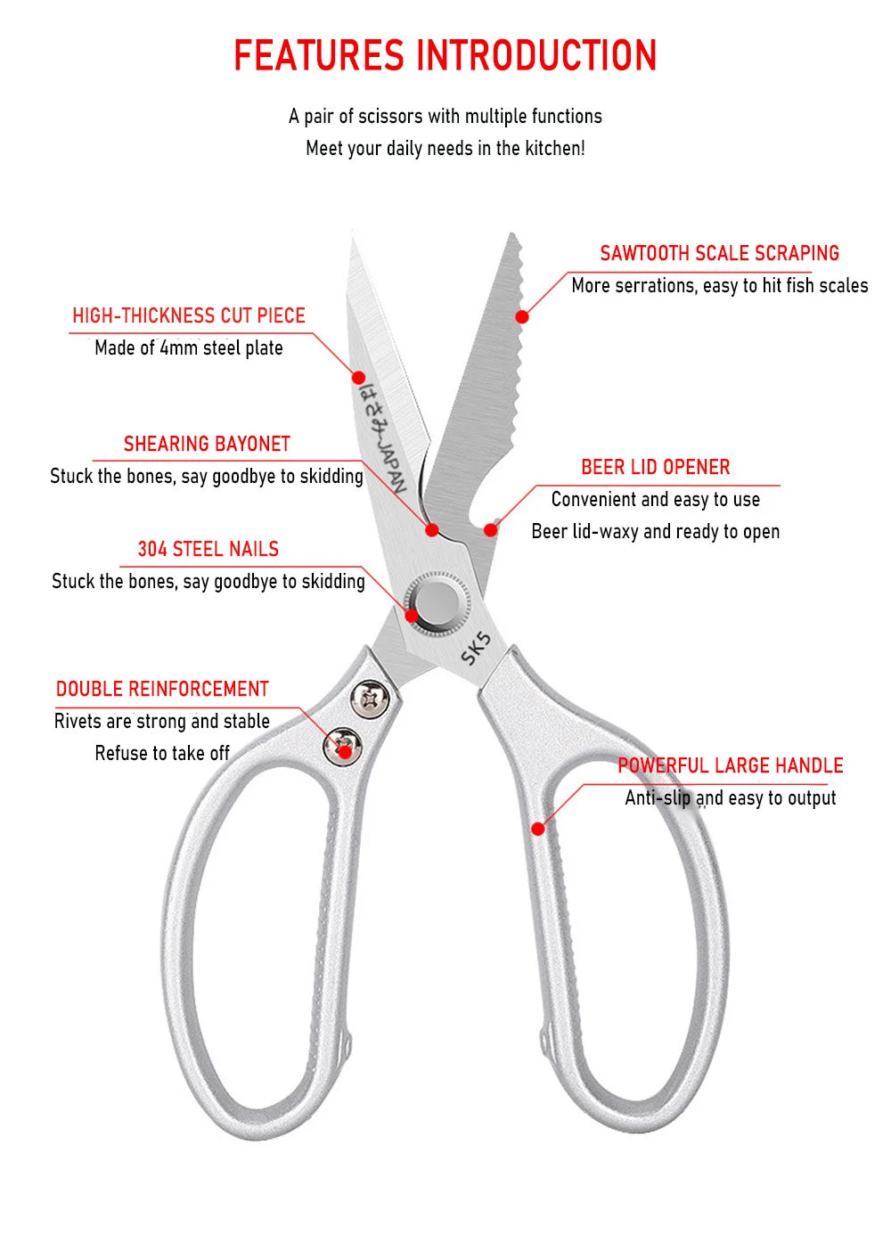 Kitchen Scissors Multifunctional Stainless Steel Food Scissors Chicken Bone Meat Fishing Crab Greens Cutting Trimming Scissors - Action Outdoors Kiwi