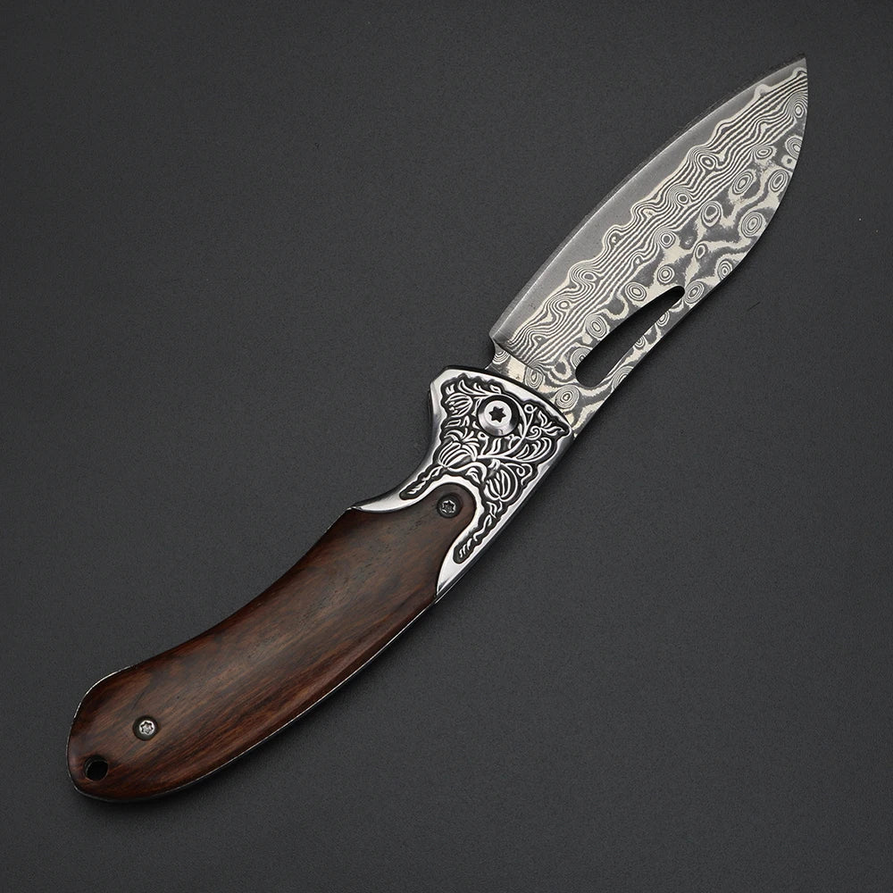 XUANTENG Damascus Laser Pattern Small Knife Hollow Handle Outdoor Knife Camping Hunting Knife Survival Knife - Action Outdoors Kiwi