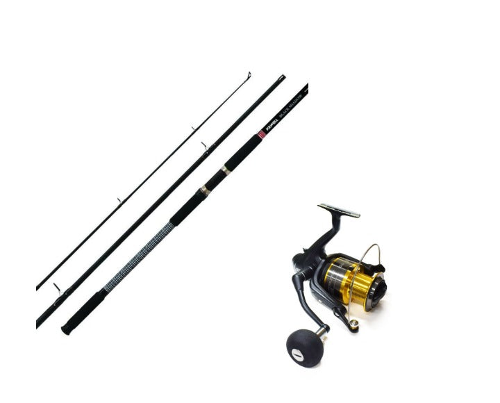 Kilwell Black Shadow 1203 80-150g Surf Rod and Reel Combo with fibreglass blank and black frame guides.