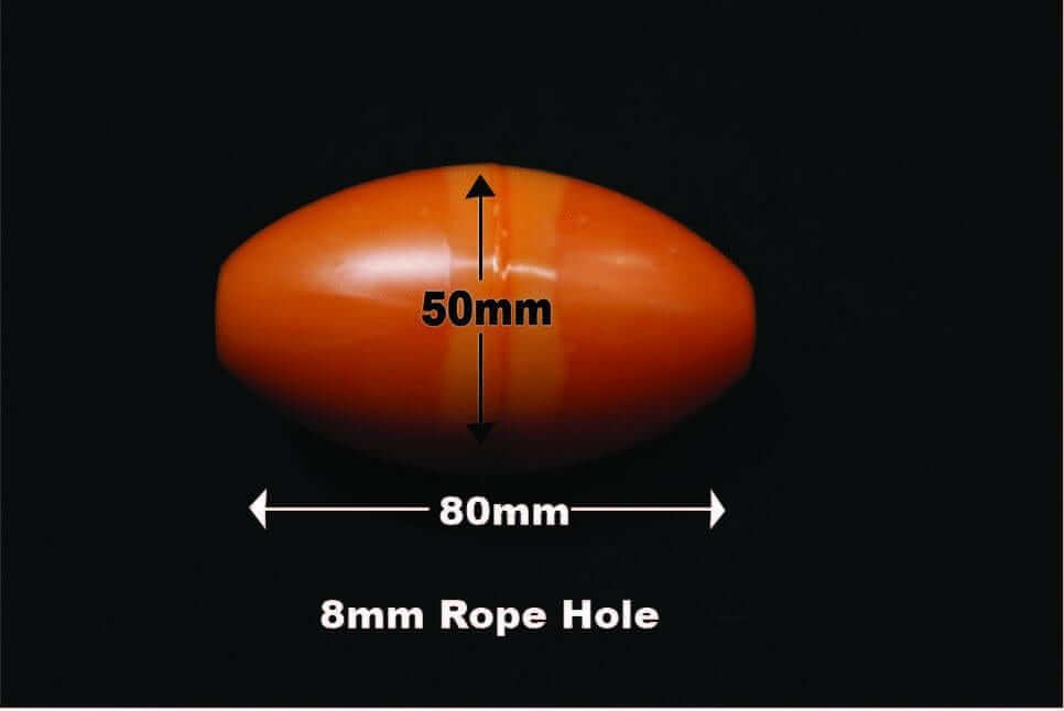 Orange fishing net float with dimensions 80mm length, 50mm width, and 8mm rope hole.