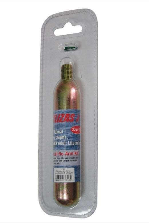 Adult lifejacket manual rearm kit 33g CO2 packaged in blister pack for easy rearm of life jackets.
