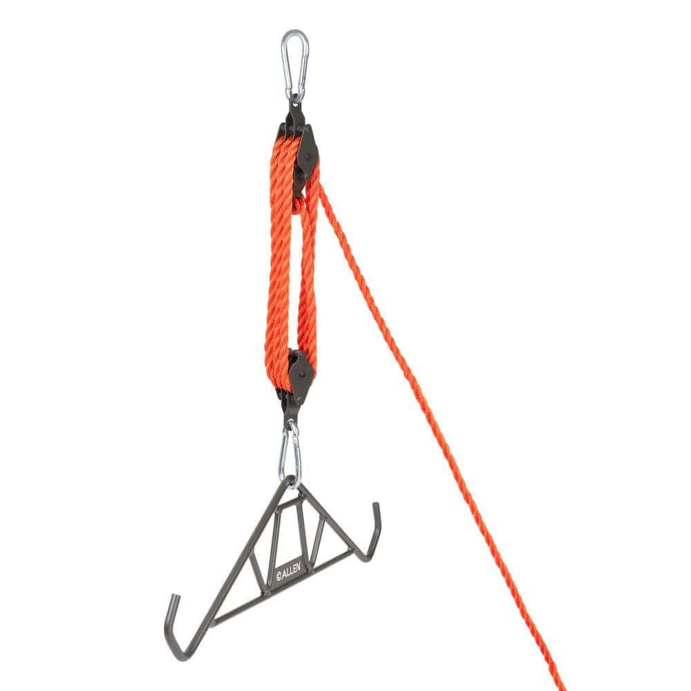 Allen Gambrel And Hoist Heavy Duty 1200 Lbs showing a heavy-duty gambrel and hoist with orange rope.